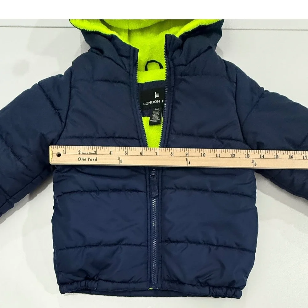 London Fog Kids Navy Blue Yellow Fleece Lined Puffer Jacket Hooded Size S/4